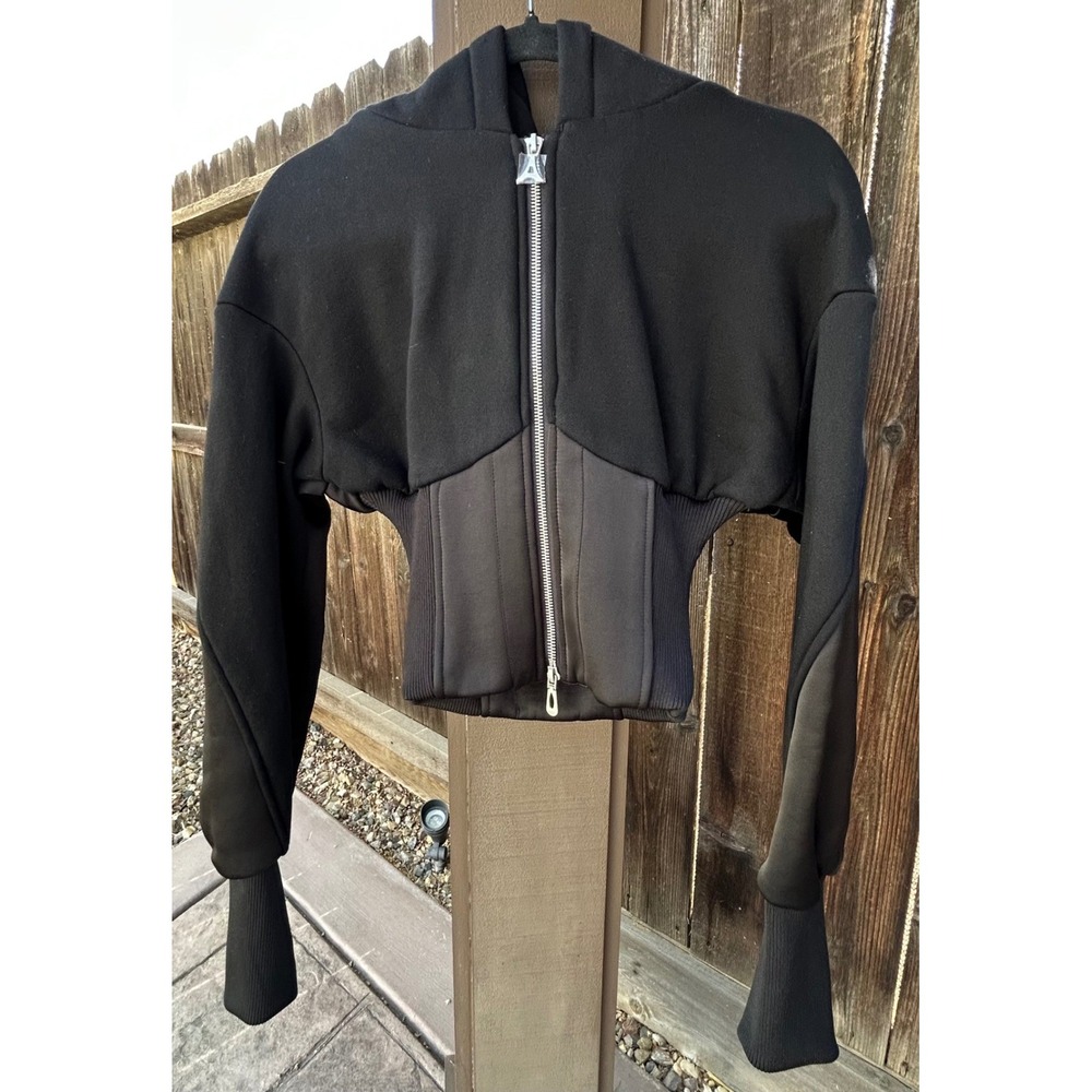 Manière De Voir Brune Corset Zip Hoodie Womens US 2 Black Satin NWT - Picture 2 of 16